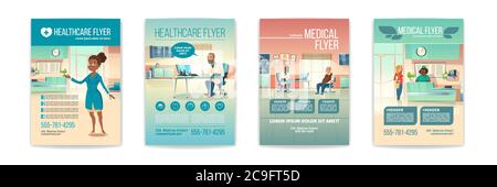 Medizinische Flyer-Set. Gesundheitsservice Plakate mit Menschen im Krankenhaus, Klinik Interieur mit Rezeptionist an der Rezeption und Senior Patient besuchen Arzt Termin. Cartoon Vektorgrafik Stock Vektor