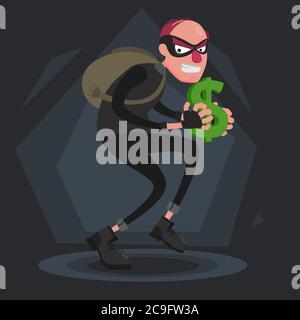 Ein kahlen Dieb mit Rucksack schleicht sich mit einem Dollarzeichen in den Händen Stock Vektor