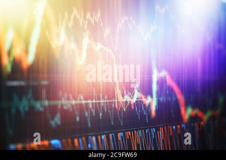 Finanzdaten auf einem Monitor, der auch von Markt analysieren. Balkendiagramme, Diagramme, Finanzzahlen. Stockfoto