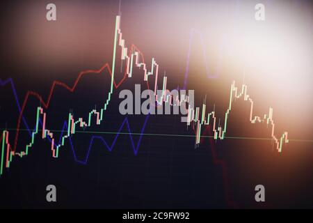 Hintergrund der Grafik für das Börsengeschäft. Hintergrund mit Währungsbalken und Kerzen Stockfoto