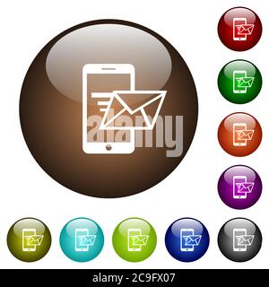Senden von E-Mails von Mobiltelefonen weiße Symbole auf runden farbigen Glasschaltflächen Stock Vektor