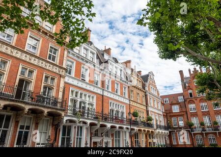 London, Juli, 2020: Wohnstraße von schönen roten Backstein Reihenhäuser London Stadthäuser in Kensington Court, West London Stockfoto