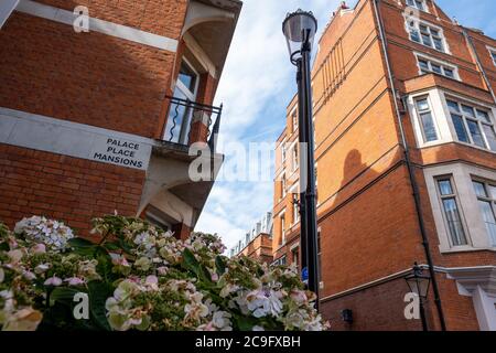 London, Juli, 2020: Wohnstraße von schönen roten Backstein Reihenhäuser London Stadthäuser in Kensington Court, West London Stockfoto