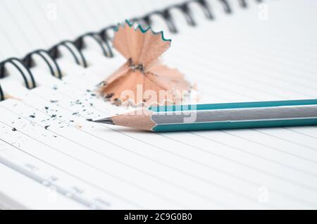 Hellblauer Farbstift aus Holz, der vor einem weißen Notizbuch aus Papier platziert wird Stockfoto