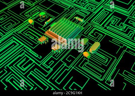 Microchip, Leistung und Geschwindigkeit. Präsentation des neuen Mikrochips. Prozessor eines Computers. Gedruckte Schaltungen. Informationen, Quantencomputer Stockfoto