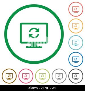 Aktualisieren Sie die flachen Farbsymbole auf dem Bildschirm in runden Umrissen auf weißem Hintergrund Stock Vektor
