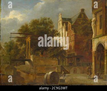 Jan van der Heyden und Adriaen van de Velde - die Zugbrücke. Stockfoto