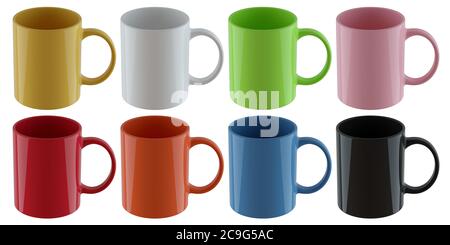 Set von Standard-farbigen Tassen auf weißem Hintergrund. Stockfoto