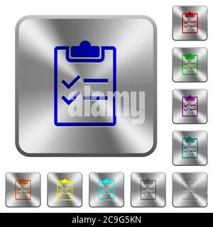 Checkliste gravierte Symbole auf runden quadratischen glänzenden Stahlknöpfen Stock Vektor