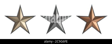 Drei goldene, silberne, bronzene Metallsterne auf weißem Hintergrund. Stockfoto