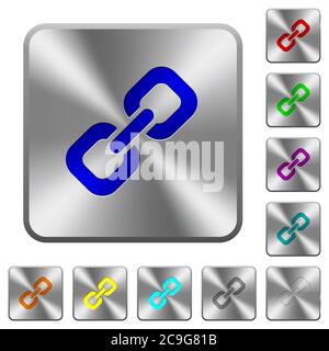 Link gravierte Symbole auf abgerundeten quadratischen glänzenden Stahlknöpfen Stock Vektor