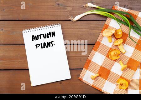 Hintergrund mit rohen goldenen Pfifferlinge Pilze. Saisonale Pilze, Ernte auf Holztisch mit karierter Serviette und grünen Zwiebeln. Blank weiß sh Stockfoto