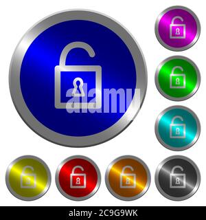 Entriegeltes Vorhängeschloss mit Schlüssellochsymbolen auf runden, leuchtenden, münzähnlichen farbigen Stahlknöpfen Stock Vektor