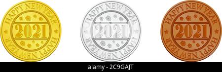 3 Farben Medaille für 2021 / Neujahr Gruß Ornamente Vektor Illustration Set Stock Vektor