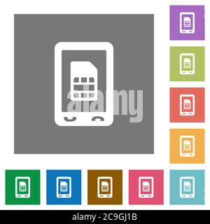 Mobile sim-Karte flache Symbole auf einfache Farbe quadratischen Hintergründen Stock Vektor