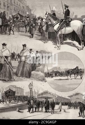 Begräbnis von Antoine Marie Philip Louis von Orleans (Neuilly 1824 - Sanlúcar de Barrameda 1890) Herzog von Montpensier, Fürstenmitglied der französischen Königsfamilie, gilt als Hauptinitiator des Mordes an General Prim, Spanien. Alte XIX Jahrhundert gravierte Illustration von La Ilustracion Española y Americana 1890 Stockfoto