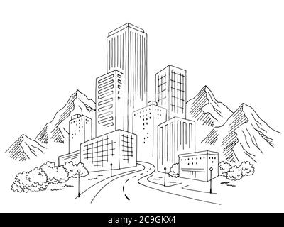 Stadt Berge Grafik schwarz weiß Stadtbild Skyline Skizze Illustration Vektor Stock Vektor