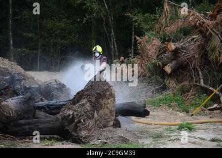 31. Juli 2020 - ein altes Lagerfeuer brennt auf Ackerland in Newchapel bei Lingfield in Surrey. Ein einziges Feuergerät nimmt in weniger als 11 Minuten vom East Grinstead ab und erhält die Kontrolle, um die Ausbreitung auf nahe gelegene Wälder zu verhindern. Die übermäßige Hitze von 32C, starkes Sonnenlicht und starke Brise waren alle Faktoren, die zu seiner Selbstverbrennung und seine Neigung, zu versuchen, Feuer in den Wald zu setzen. Stockfoto