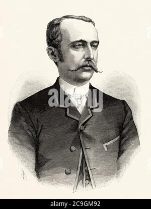 Porträt von Enrique de Aguilera y Gamboa (Madrid 1845 - 1922) XVII Marquis von Cerralbo, Aristokrat, Carlistenpolitiker, Archäologe und spanischer Historiker, Spanien. Alte XIX Jahrhundert gravierte Illustration von La Ilustracion Española y Americana 1890 Stockfoto