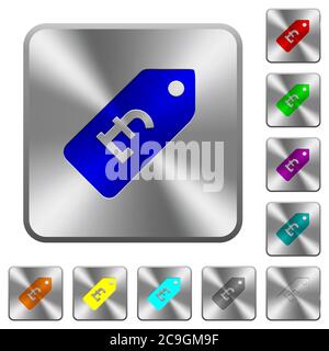 Pound Preisschild gravierte Symbole auf runden quadratischen glänzenden Stahlknöpfen Stock Vektor