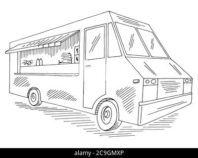 Lebensmittel LKW Grafik schwarz weiß isoliert Skizze Illustration Vektor Stock Vektor