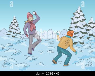 Kinder spielen Schneebälle im Winter Park Grafik Farbe Skizze Landschaft Illustration Vektor Stock Vektor