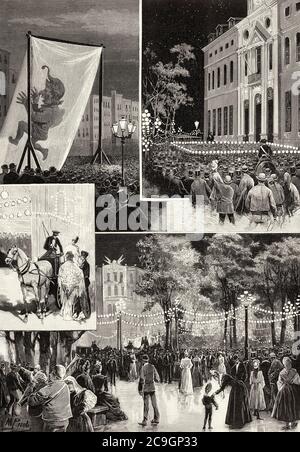 Feierlichkeiten vom 1890. Mai in Madrid, Plaza de Quevedo, Tanz und Beleuchtung in Plaza de las Salesas, Plaza de la Cebada bei Partys, Salon del Prado mit Beleuchtung und Tanz, Party und Spaß im späten 19. Jahrhundert, Spanien. Alte XIX Jahrhundert gravierte Illustration von La Ilustracion Española y Americana 1890 Stockfoto