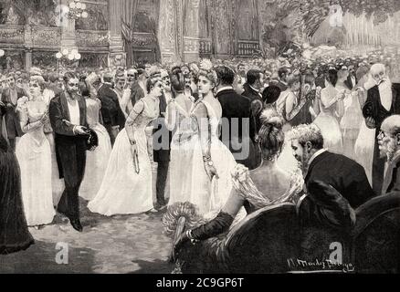 Spanische Gesellschaft des 19. Jahrhunderts. Mai 1890 Feiern in Madrid, schwarz-weiß Tanz im Teatro Real, Spanien. Alte XIX Jahrhundert gravierte Illustration von La Ilustracion Española y Americana 1890 Stockfoto