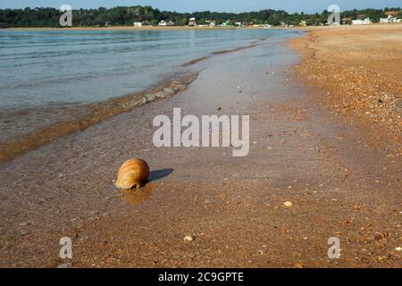 Blick auf Santa Cruz, wo der Fluss Piraquê-Açu auf das Atlantische Meer in Aracruz, Espírito Santo, Brasilien trifft Stockfoto