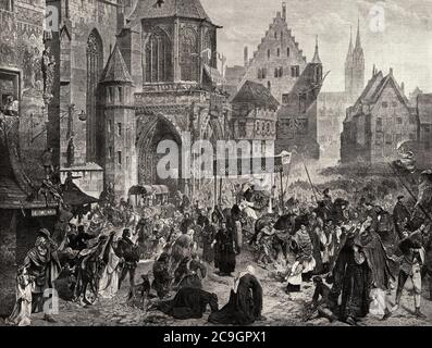 Das Fest der Ankunft der Schätze des Reichs von Deutschland nach Nürnberg 1424, Gemälde von Paul Ritter (1829 - 1907) deutscher Architekturmaler und etche, gestochen von Richard Brend'amour, Deutschland. Alte XIX Jahrhundert gravierte Illustration von La Ilustracion Española y Americana 1890 Stockfoto
