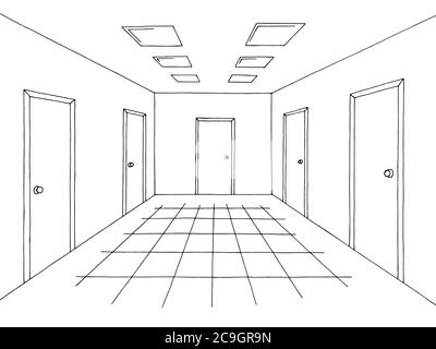 Korridor Grafik schwarz weiß Innen Skizze Illustration Vektor Stock Vektor