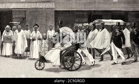 Eine Hochzeits-Hochzeit am Ende des 19. Jahrhunderts, Sierra Leone. Alte XIX Jahrhundert gravierte Illustration von La Ilustracion Española y Americana 1890 Stockfoto