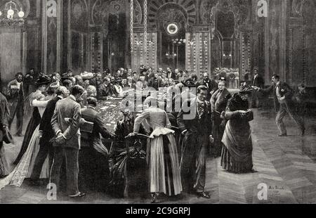 Rien ne va plus. Roulette spielen in der Spielhalle des Casinos Monte Carlo, Monaco, 1890. Alte XIX Jahrhundert gravierte Illustration von La Ilustracion Española y Americana 1890 Stockfoto