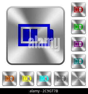 Halber Akku mit zwei Ladeeinheiten gravierte Symbole auf runden quadratischen glänzenden Stahlknöpfen Stock Vektor