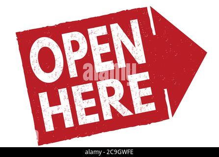 Hier öffnen Schild oder Stempel auf weißem Hintergrund, Vektorgrafik Stock Vektor