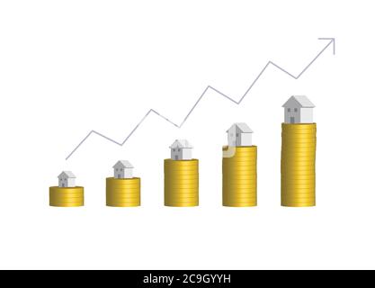 Goldmünzen in Grafiken mit Haus auf der Oberseite angeordnet. Stock Vektor