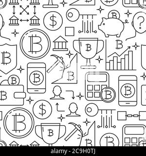 Digitales Geld Nahtloses Muster im Linienstil. Digitale Währung wiederholender Hintergrund mit Bitcoin-Services-Symbolen. Vektorgrafik. Stock Vektor