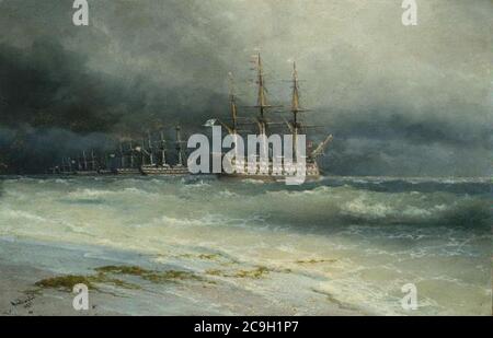 Ivan Konstantinovic Ajvazovskij 1817-1900 - Prehlidka ruske valecne floty. Stockfoto