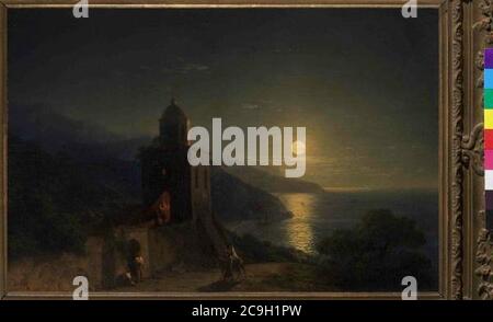 Ivan Konstantinovic Ajvazovskij 1817-1900 - Pobrezni krajina s kostelem. Stockfoto