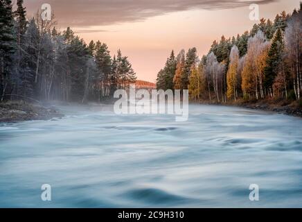 Herbstliche Atmosphäre auf dem Fluss im Abendlicht, Gaellivare, Norrbottens laen, Schweden Stockfoto