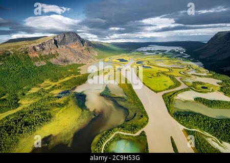 Rapadalen River Delta, Rapa Valley, Rapaaelv River, Sarek National Park, Laponia, UNESCO Weltkulturerbe, Lappland, Jokkmokk, Norrbottens laen, Schweden Stockfoto