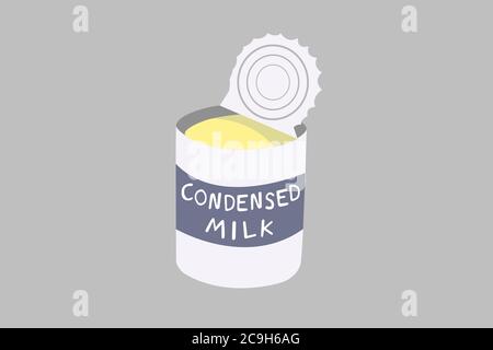 Versüßte Kondensmilch Konserve isoliert auf grauem Hintergrund. Gesüßte Kondensmilch ist ein Milchprodukt. Stock Vektor