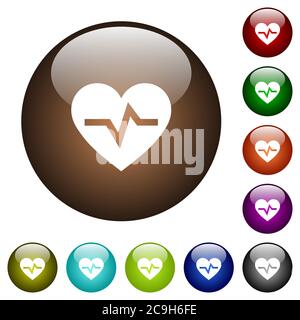 Weiße Herzschlag-Symbole auf runden Farbgläserknöpfen Stock Vektor