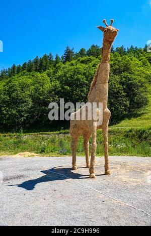 Lebensgroße Giraffe Stroh Skulptur Display, Valloire, Maurienne, Frankreich Stockfoto