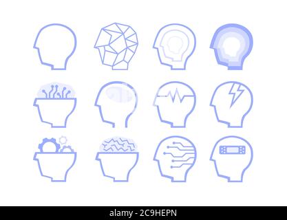 Menschlicher Kopf und Motivation Icon Set. Satz Kopfsymbol in verschiedenen Typen. Stock Vektor
