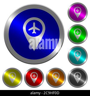 Flughafen-GPS-Karte Standortsymbole auf runden leuchtenden Münzen-ähnlichen farbigen Stahlknöpfen Stock Vektor