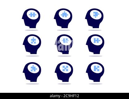 Satz von Kopf mit Stichsäge isoliert auf weißem Hintergrund. Verschiedene Rätsel im menschlichen Kopf. Stock Vektor