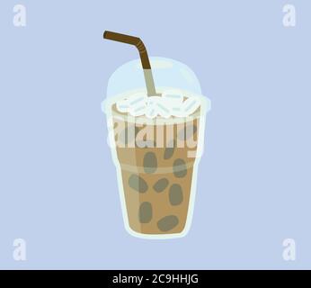 Frischer Kaffee in Plastikbecher mit Deckel und Rohr isoliert auf blauem Hintergrund. Stock Vektor