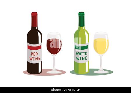 Rotwein und Weißwein isoliert auf weißem Hintergrund. Stock Vektor