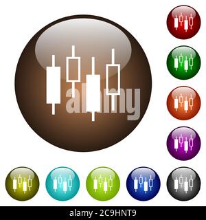 Candlestick Chart weiße Symbole auf runden farbigen Glasknöpfen Stock Vektor